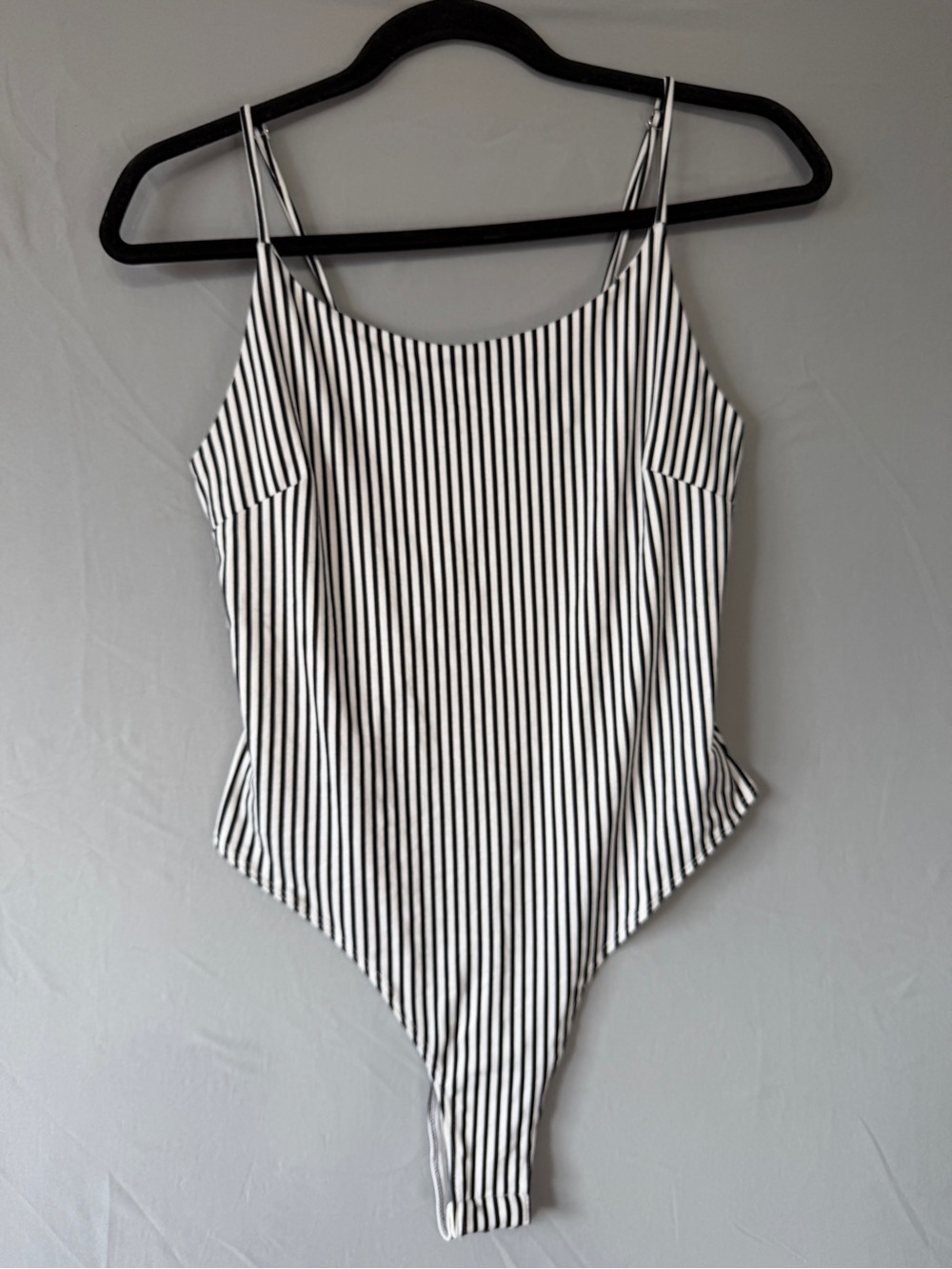 Mind Code Womens Striped Thong Bodysuit L White Black Adjustable Spaghetti Strap